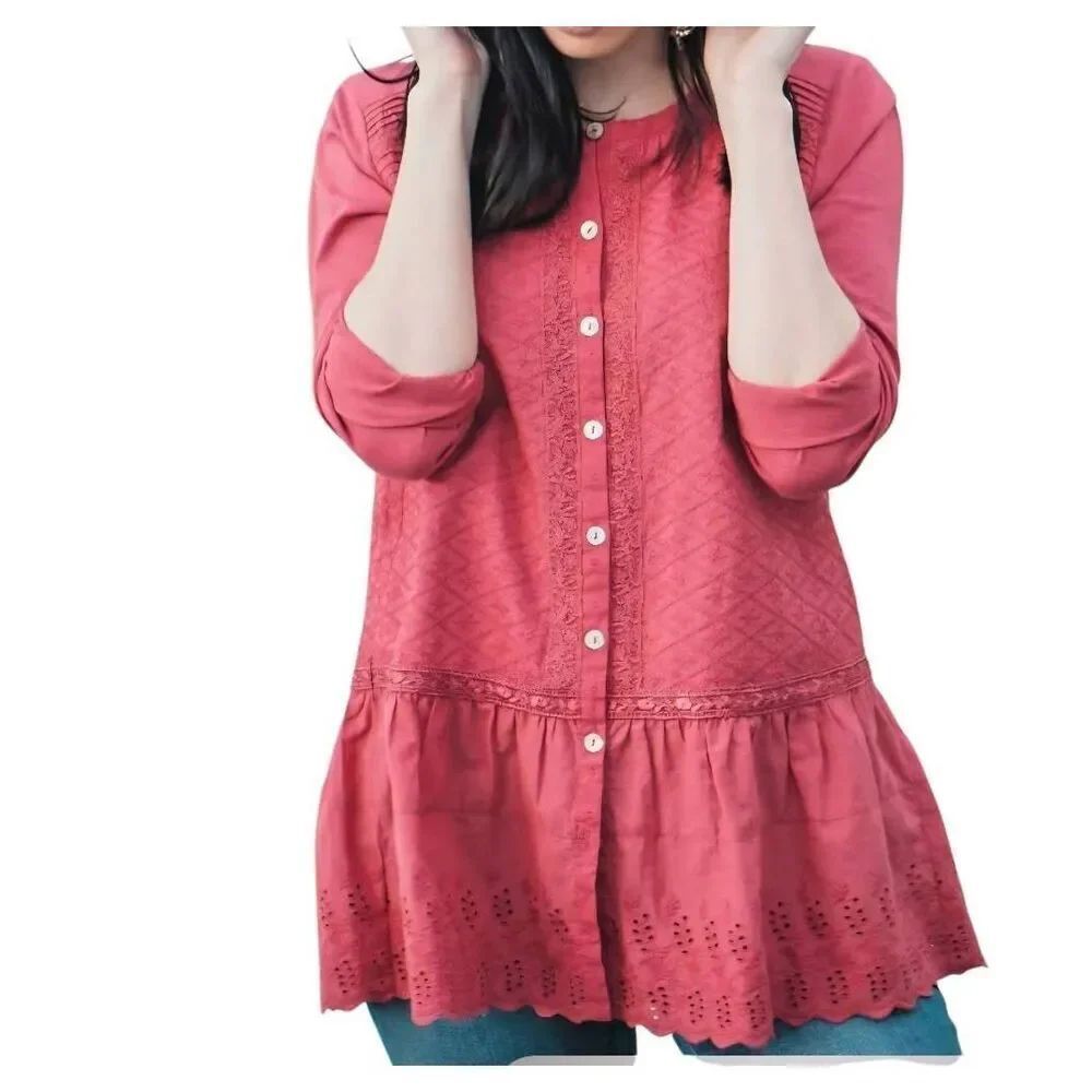 LOGO Lori Goldstein Blouse Women's Small Rose Pink Lace Eyelet Boho Prairie